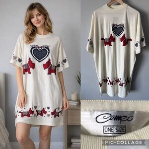 NWT 90’s Vintage Cameo Nightgown Sleep Shirt Scottie Dogs hearts Cream O/S READ